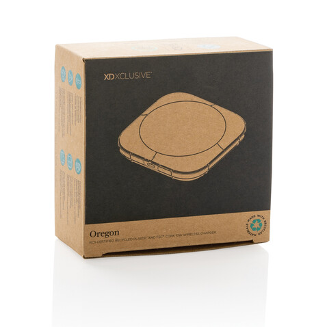 Oregon Wireless-Charger aus RCS recyc. Kunststoff &amp; Kork braun bedrucken, Art.-Nr. P308.589