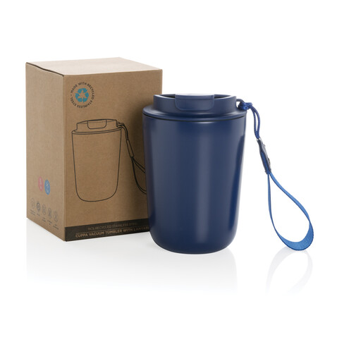 Cuppa Vakuumbecher aus RCS-Stahl mit Umhängeband blau bedrucken, Art.-Nr. P435.025 Cuppa Vakuumbecher aus RCS-Stahl mit Umhängeband blau bedrucken, Art.-Nr. P435.025