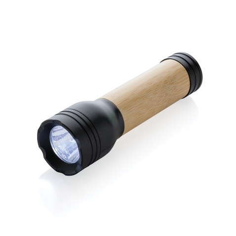 Lucid 1W Taschenlampe aus RCS recycelt. Kunststoff &amp; Bambus schwarz, braun bedrucken, Art.-Nr. P513.771