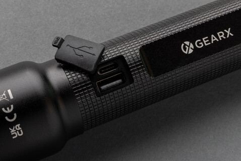Heavy-Duty USB-Taschenlampe aus RCS recyceltem Aluminium schwarz bedrucken, Art.-Nr. P513.931