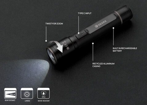 Gear X Taschenlampe aus RCS recycelt. Aluminium mit USB-Akku schwarz bedrucken, Art.-Nr. P513.901 Gear X Taschenlampe aus RCS recycelt. Aluminium mit USB-Akku schwarz bedrucken, Art.-Nr. P513.901